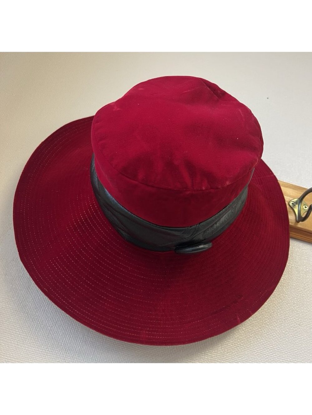 Vintage Dachettes by Lilly Daché Red Velvet Wide Brim Hat w/ Black Leather Band